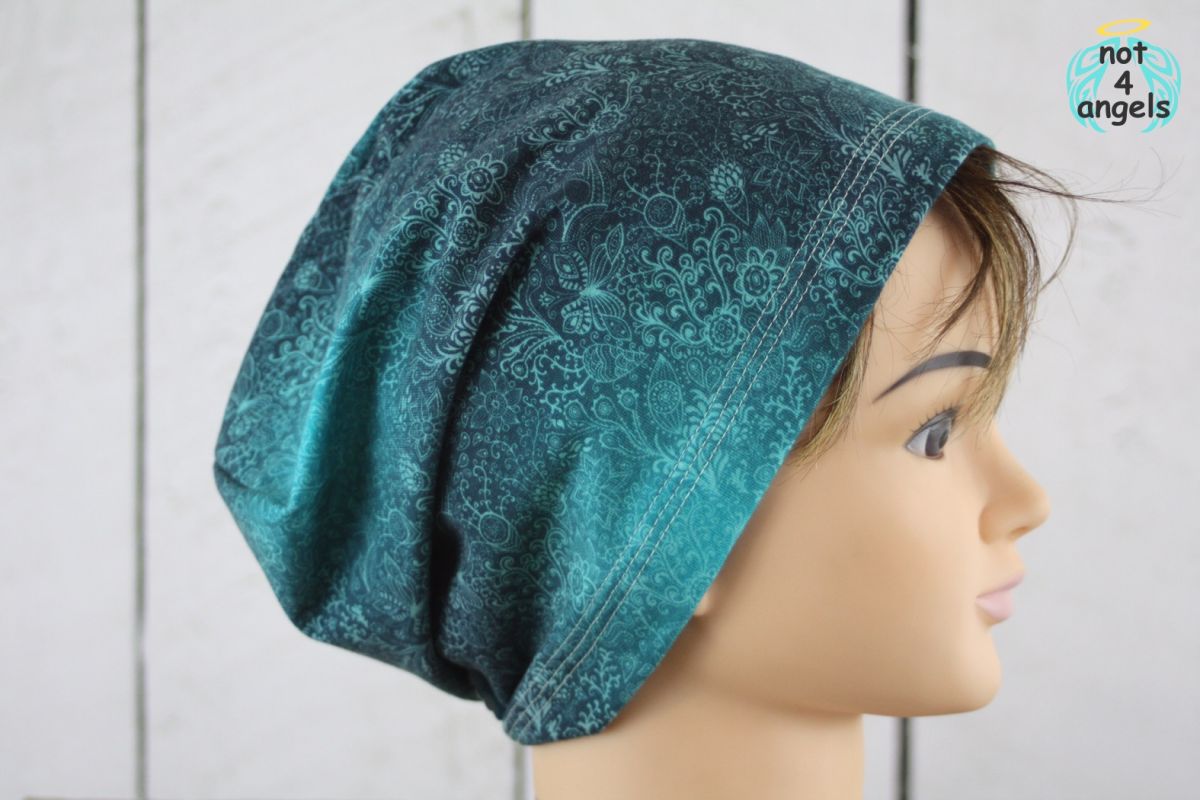 Beanie Blumenornamente Batik petrol Erwachsene